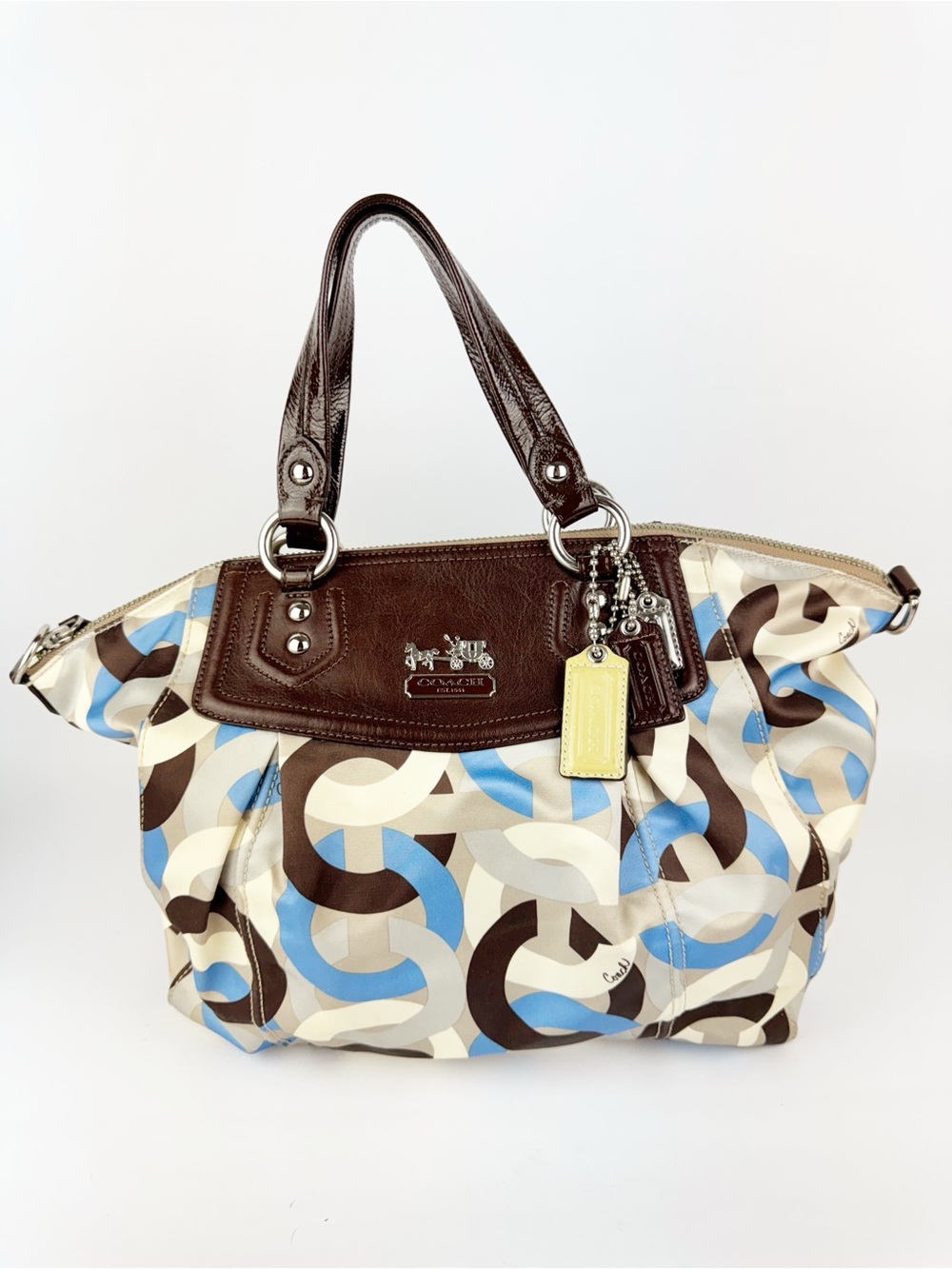 Coach Madison Claire Sateen Multicolor Chain Link Shoulder Tote Brown Leather